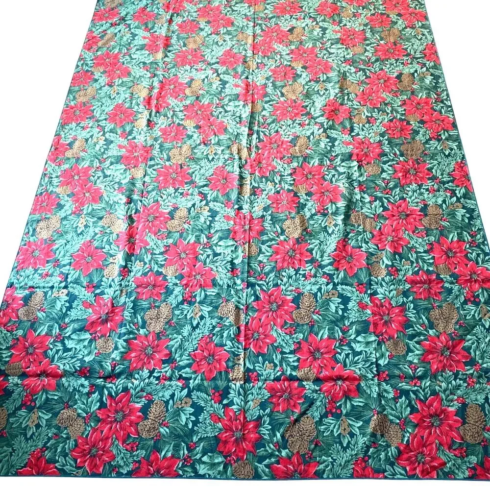 Vintage Christmas tablecloth red green brown poinsettias holly leaves pinecones